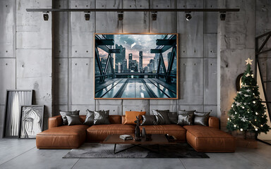 Modern loft interior with brown leather couch  city skyline artwork and Christmas tree 
