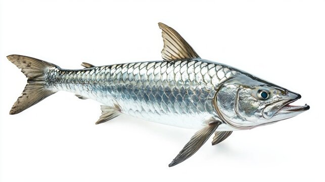 tarpon known scientifically Megalops atlanticus is depicted isolated on a white background highlighting its sleek silvery body and prominent mouth ideal for understanding fish breeds.