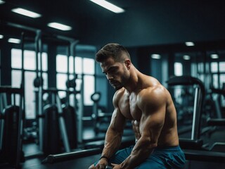 Strong individual taking a moment to rest after an intense workout session in a modern gym setting.