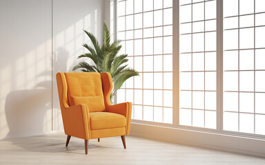 Fototapeta premium Orange armchair and white window minimalist interior design modern living room 