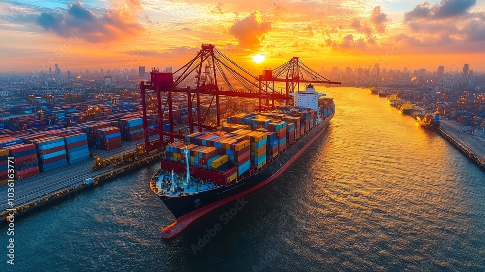 Aufkleber a large container ship makes its way through a bustling port at sunset, surrounded by vibrant cargo 