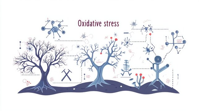 Illustration depicting oxidative stress with trees, molecules, and a human figure.
