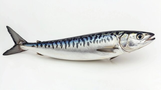 Spanish mackerel identified as Scomberomorus maculatus is shown against a white background showcasing its sleek body and distinctive markings for educational purposes.
