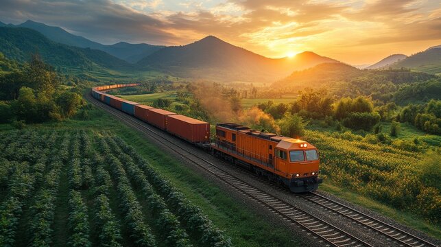 A vibrant orange freight train winds through green fields and hills as the sun sets behind the mountains, casting a warm glow across the landscape.