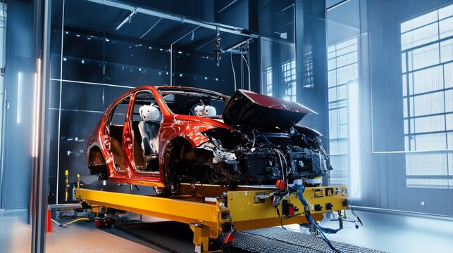 A dynamic automotive crash test facility with test dummies and engineers analyzing vehicle safety performance, Crash test facility scene, Safety-focused and analytical style