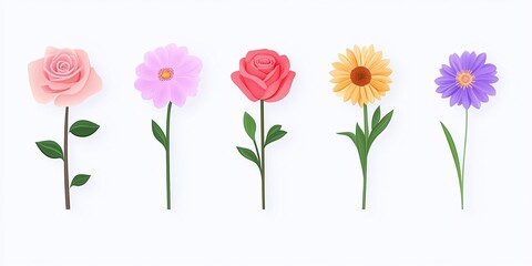 Obraz premium Flat floral illustrations, pastel flower set, daisy, rose, sunflower, minimalist design, colorful flowers, nature-inspired decor, simple vector art, white background, elegant composition