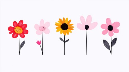 Playful illustration of cartoon flowers, colorful and simple design, vibrant floral pattern, minimal art style, cheerful and whimsical aesthetic, cute flower motifs

