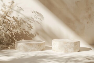 Two stone pedestals are placed on a beige surface with delicate shadows. Concept of minimalism and natural elegance. For background in design projects