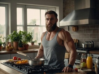 Muscular bearded man prepares healthy meal in a bright kitchen during sunny morning hours.