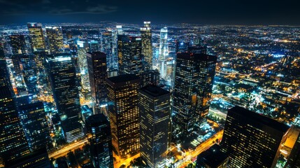 Fototapeta premium A dynamic cityscape at night with illuminated skyscrapers and bustling streets, Urban night scene, Vibrant and metropolitan style