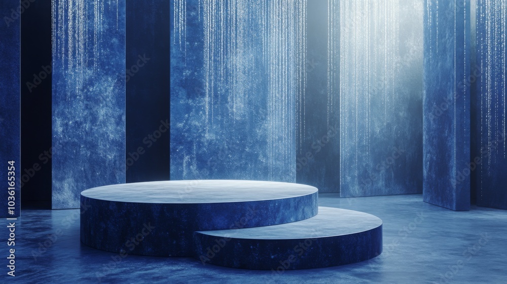 Leinwandbilder This setting features a stylish blue stage with a rounded platform and an elegant staircase, illuminated by shimmering light effects that create an enchanting atmosphere for performances.