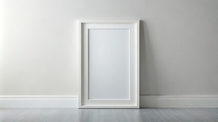 White picture frame is hanging on a white wall providing copy space
