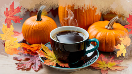A autumn pumpkin with hot cup of coffee with orange, red, yellow autumn leaves spread across the table.