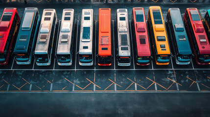 Fototapeta premium Many electric buses are parked together in a large parking area.