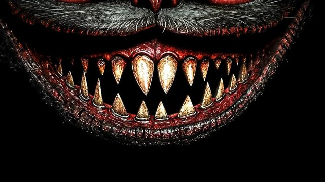A close-up of a monstrous cat's mouth, showing rows of sharp, jagged teeth and glowing red eyes