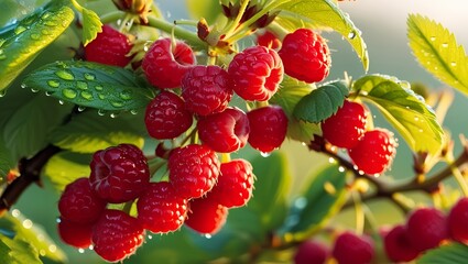 A gorgeous raspberry bush. Berries on the branches. A bright summer closeup photo. Juicy berry...