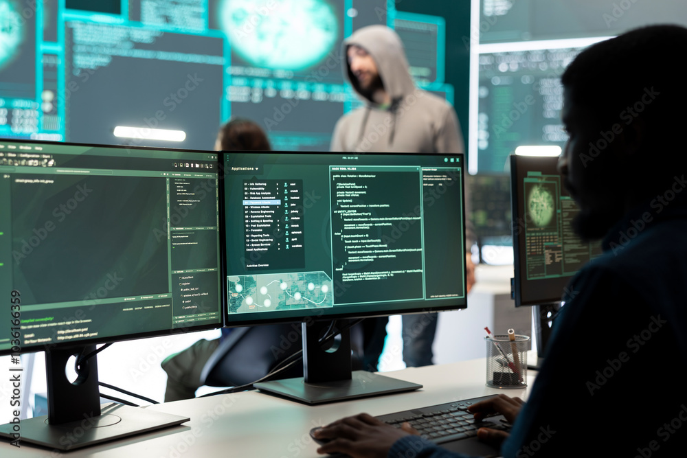 Poster governmental hackers team securing computer systems from cyber threats, working together in agency c