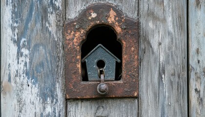 Rustic keyhole in an old wooden door with a charming birdhouse design