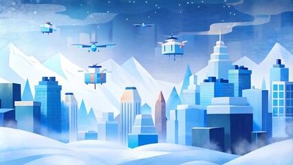 Delivery drones delivering packages over snowy city during christmas time