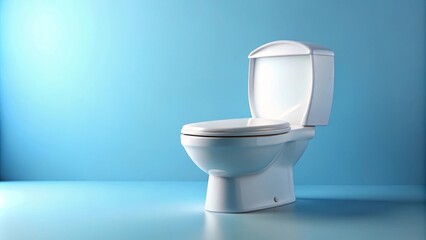 Clean toilet bowl is standing in an empty bathroom with blue walls