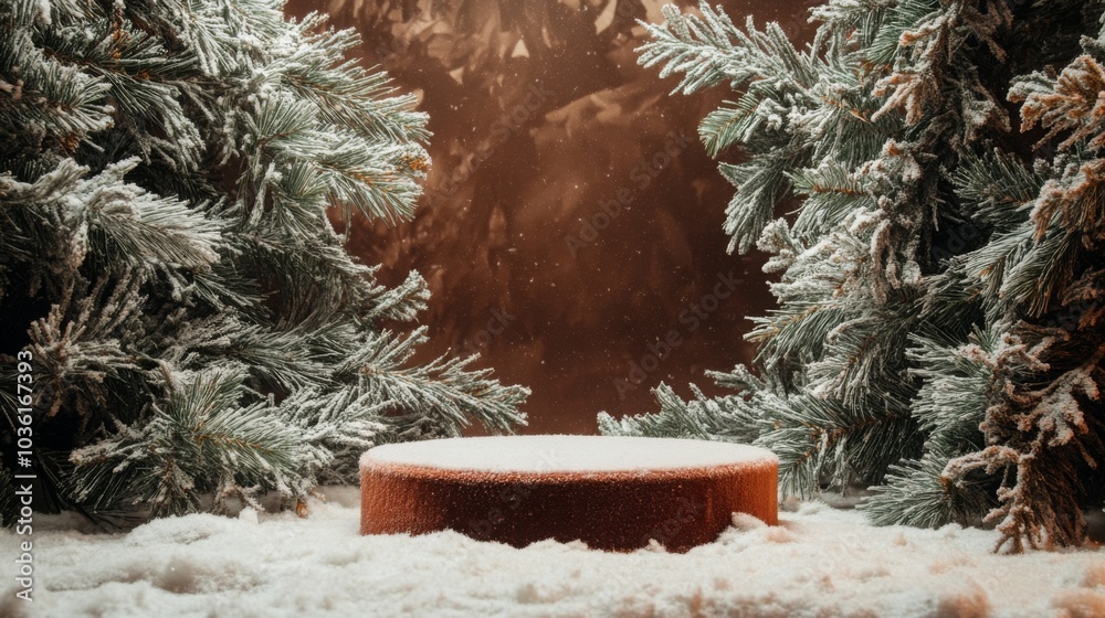 Leinwandbilder A snowy forest scene with two evergreen trees on each side of a round, brown platform. The background is a blurry brown wall with snow falling.