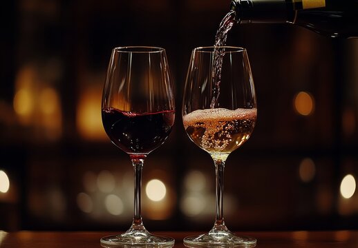 Pouring red and sparkling wine into glasses at a cozy bar during evening hours