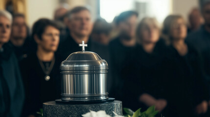 Silver cremation urn with cross at a funeral service surrounded by mourners