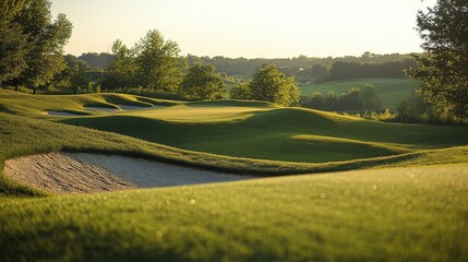 Fototapeta premium A serene golf course at sunset, showcasing lush greens and sandy bunkers in a tranquil setting