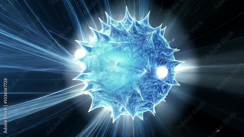 Wall mural a blue, spiky cell glows brightly against a dark background