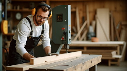 Carpenter working in workshop with wood cutting machinery