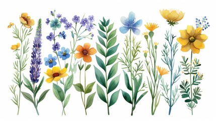 Detailed vector set of spring flowers and greenery, featuring bright colors and intricate details