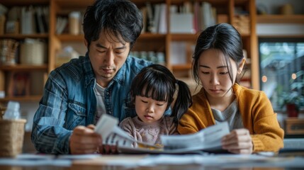 Fototapeta premium Family in Asia dealing with the rising cost of living, with bills and debt piling up