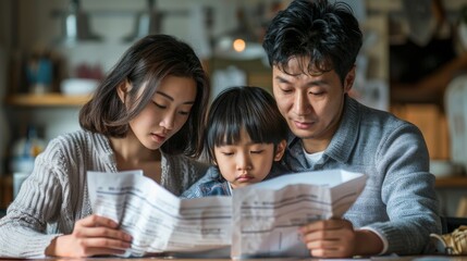 Obraz premium Family in Asia dealing with the rising cost of living, with bills and debt piling up