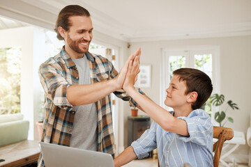 Dad, boy and high five with laptop for elearning at home for success or achievement on report...