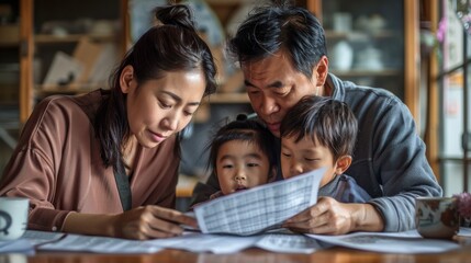 Fototapeta premium Family in Asia dealing with the rising cost of living, with bills and debt piling up