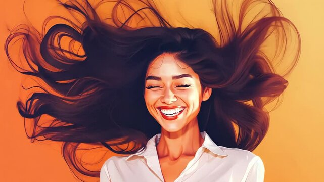A woman with long, dark hair laughs with joy as the wind blows through her hair