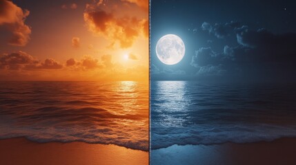 A split image of a sunset over the ocean and a full moon rising over the same scene at night.
