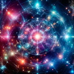 Fototapeta premium Abstract multicolor background. Connected dots. Space, mysticism, mandala, neural network.