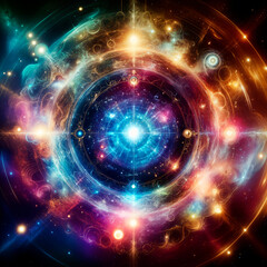Obraz premium Abstract multicolor background. Connected dots. Space, mysticism, mandala, neural network.
