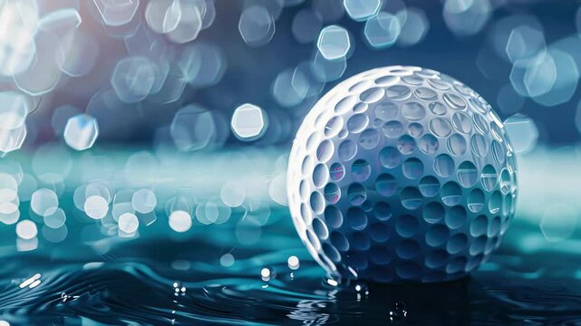 Witness the beauty of a golf ball adorned with sparkling water droplets, highlighted by soft light on a rainy day at the golf course