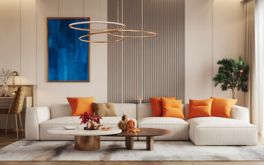 Modern minimalist living room with white sofa  orange pillows and blue painting  perfect for home decor inspiration   