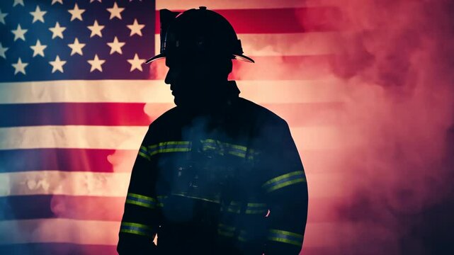 A firefighter stands in front of an American flag, silhouetted against a red and blue background