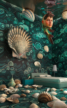 Surreal seashell bedroom with green and brown tones  a dreamlike and whimsical interior design concept for a unique and imaginative space   