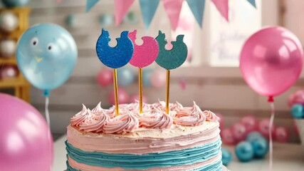 A pink and blue gender reveal cake sits on a table with balloons and decorations