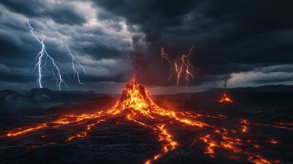 Naklejka premium Volcano Eruption with Lightning