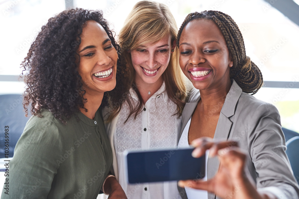 Wall mural Happy, selfie and friends with business people in office for community, support and diversity. Smile, photography and social media with group of employee for teamwork, partnership and picture