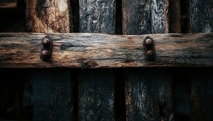 Old wooden planks with metal fasteners on a rustic structure in natural light