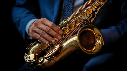 Obraz premium A musician plays a saxophone with finesse in an intimate setting during a jazz performance