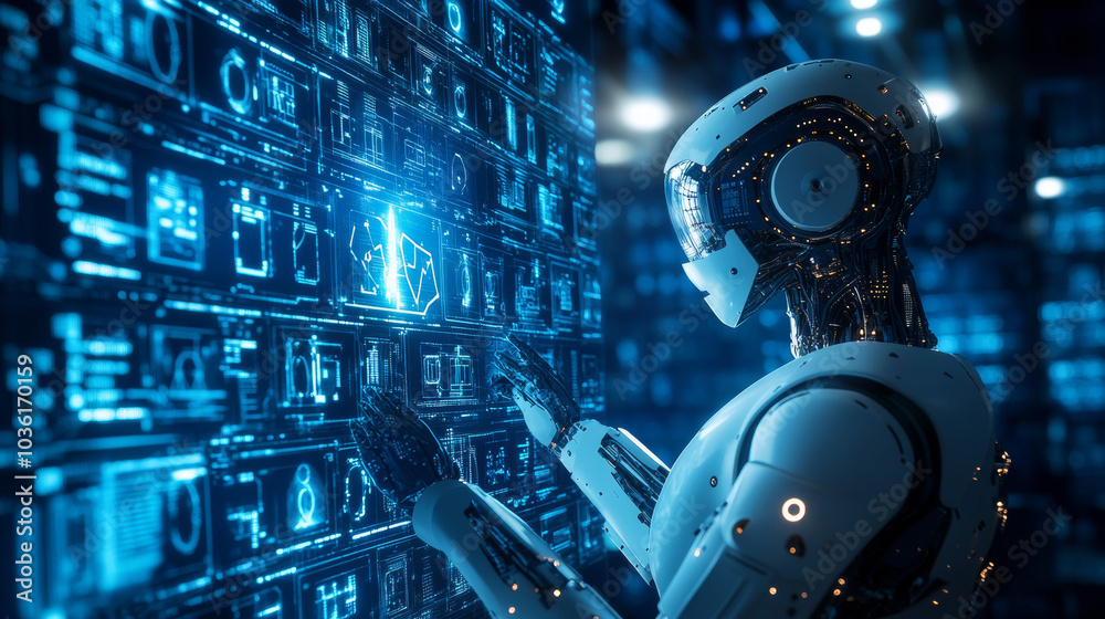 Poster robots and humans work together using artificial intelligence to analyze massive amounts of data fro