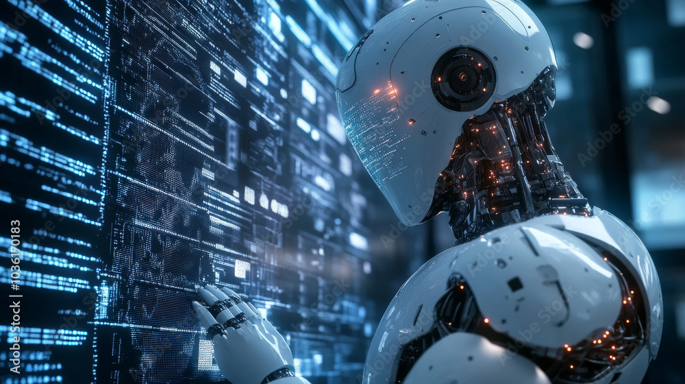 Poster robots and humans work together using artificial intelligence to analyze massive amounts of data fro